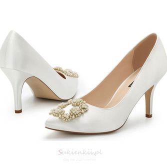 Perłowe szpiczaste buty ślubne na wysokim obcasie białe satynowe buty ślubne - Strona 1
