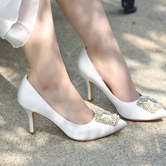 Perłowe szpiczaste buty ślubne na wysokim obcasie białe satynowe buty ślubne - Strona 3