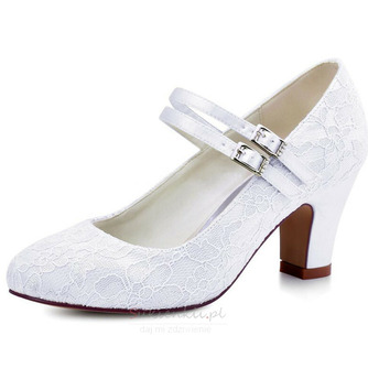 Białe koronkowe buty ślubne na grubym obcasie z okrągłym noskiem szpilki buty ślubne druhna - Strona 1