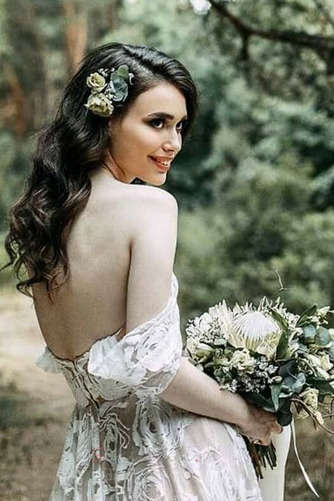 Krótki rękaw Ogród Tiul Koronka Dew ramię Średni Sukienka ślubne - Strona 4